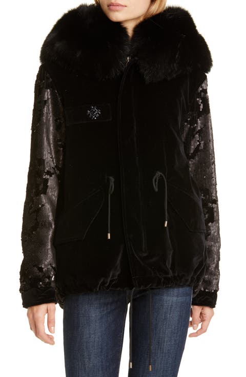 Sequin Embellished Velvet Coat with Removable Genuine Fox Fur Trim