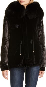 Mr & Mrs Italy Sequin Embellished Velvet Coat with Removable Genuine Fox Fur Trim