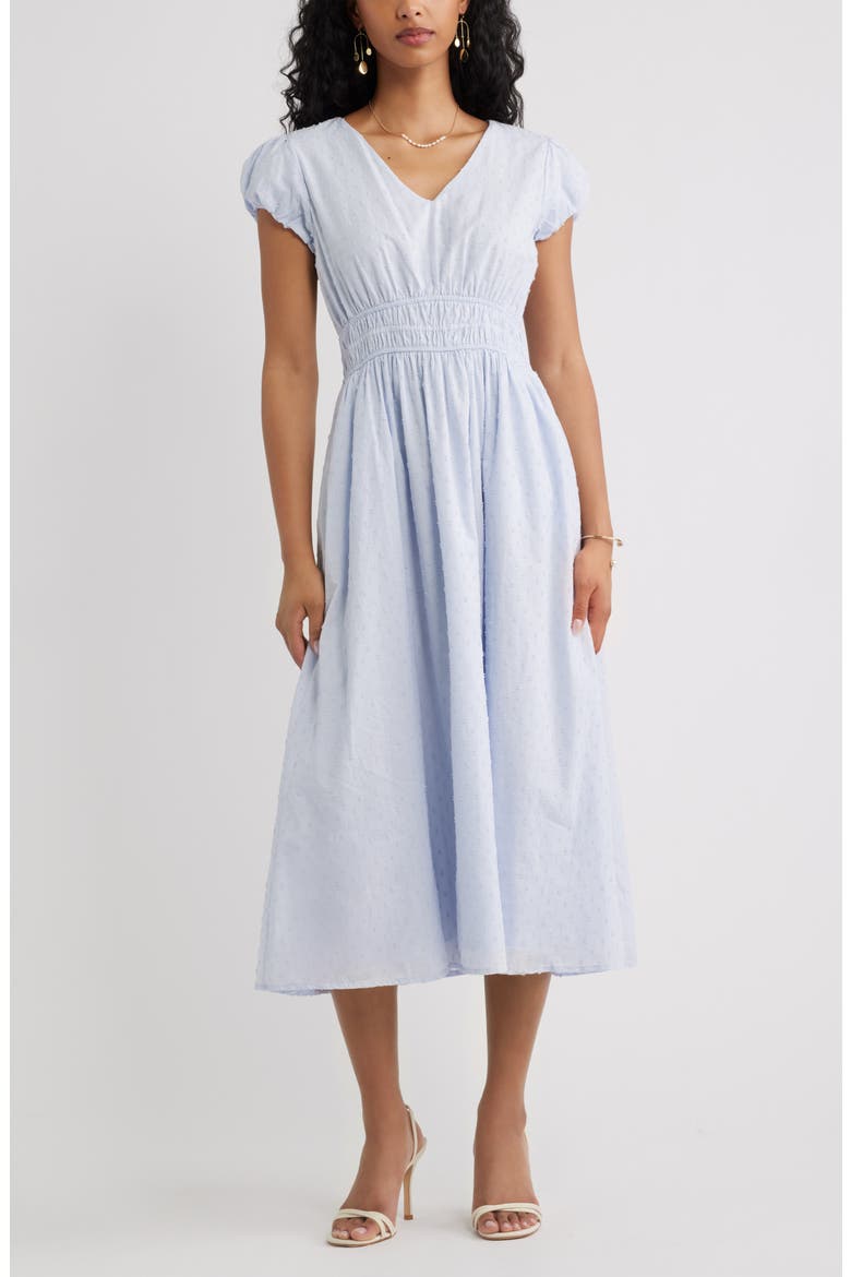 Puff Sleeve Midi Dress, Main, color, BLUE HALOGEN