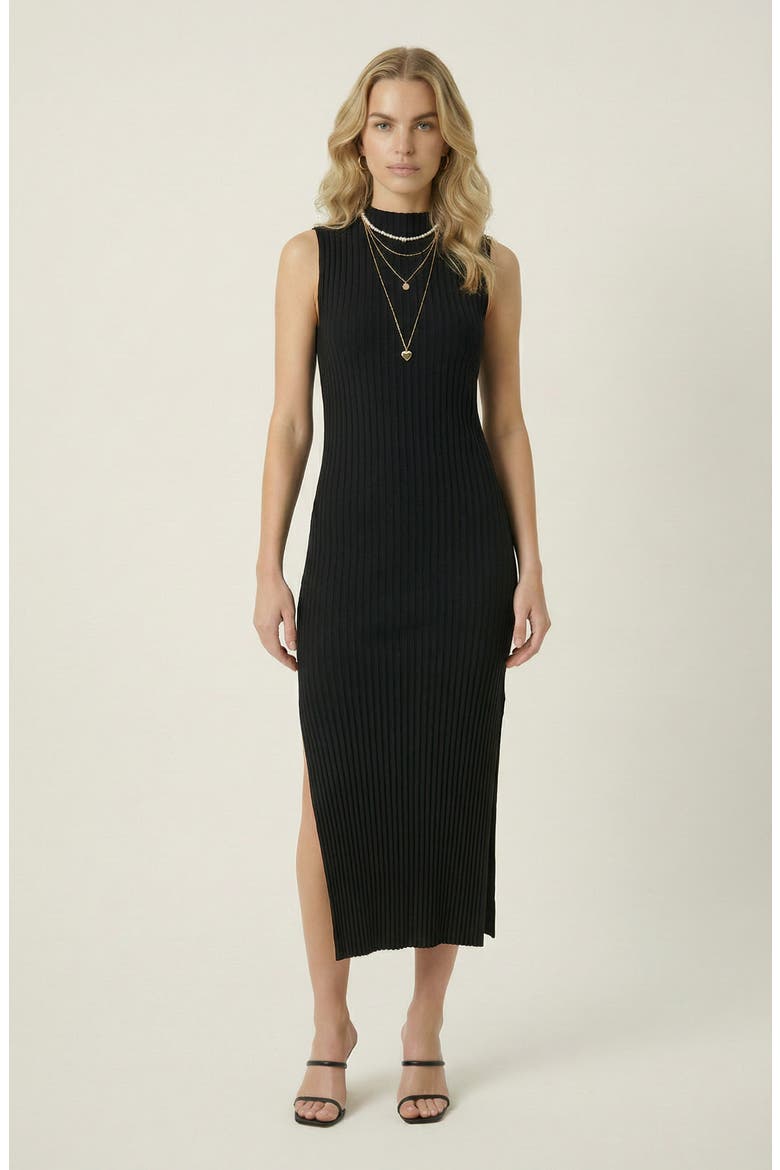 Sleeveless Ribbed Knit Midi Dress with Side Slit and High Neckline, Main, color, Black