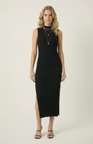 Modenaire Sleeveless Ribbed Knit Midi Dress with Side Slit and High Neckline