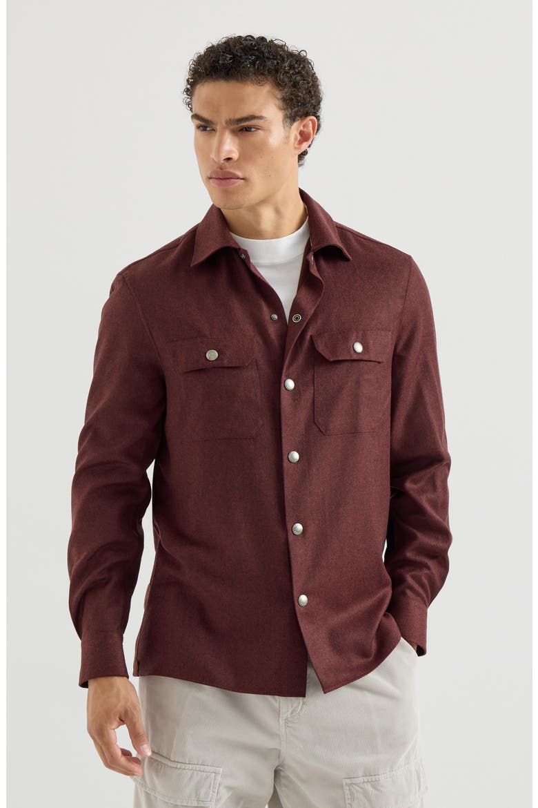 Virgin wool flannel overshirt with spread collar and chest pockets, Main, color, Burned