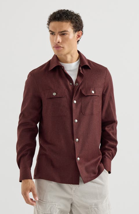 Virgin wool flannel overshirt with spread collar and chest pockets