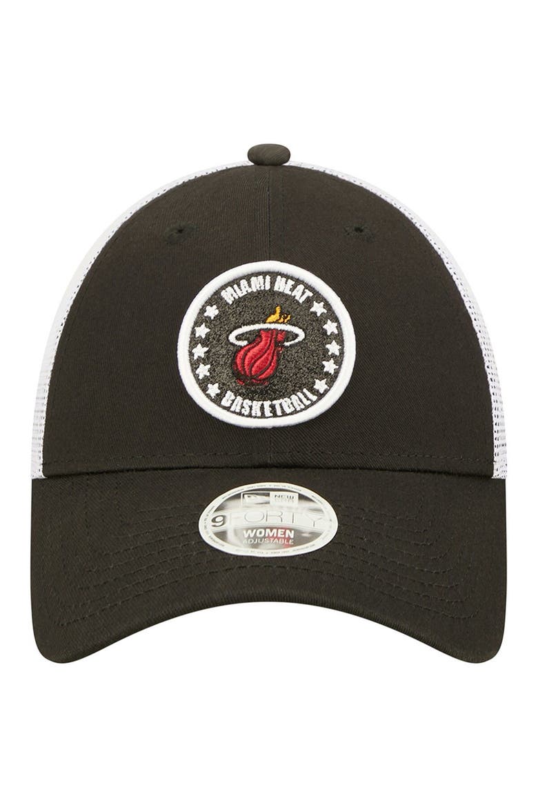 Women's New Era Black/White Miami Heat Glitter Patch 9FORTY Snapback Hat, Alternate, color, Black