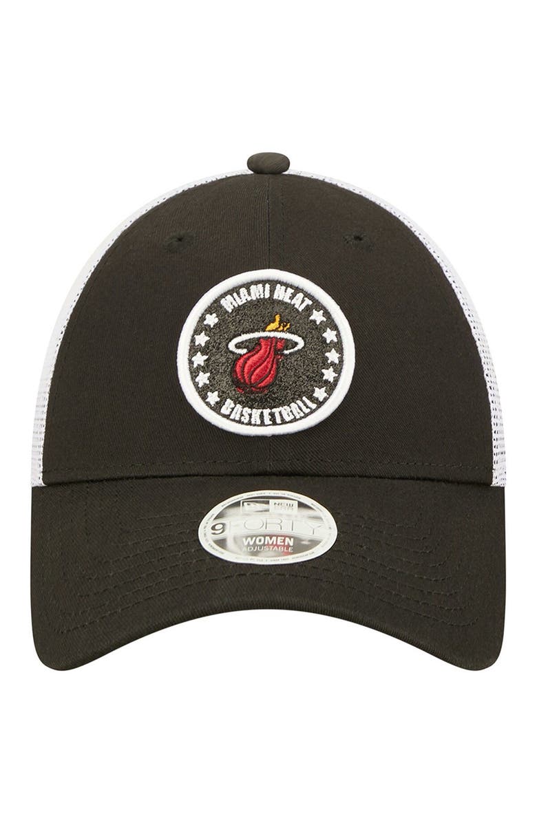 New Era Women's New Era Black/White Miami Heat Glitter Patch 9FORTY Snapback Hat, Alternate, color, 
