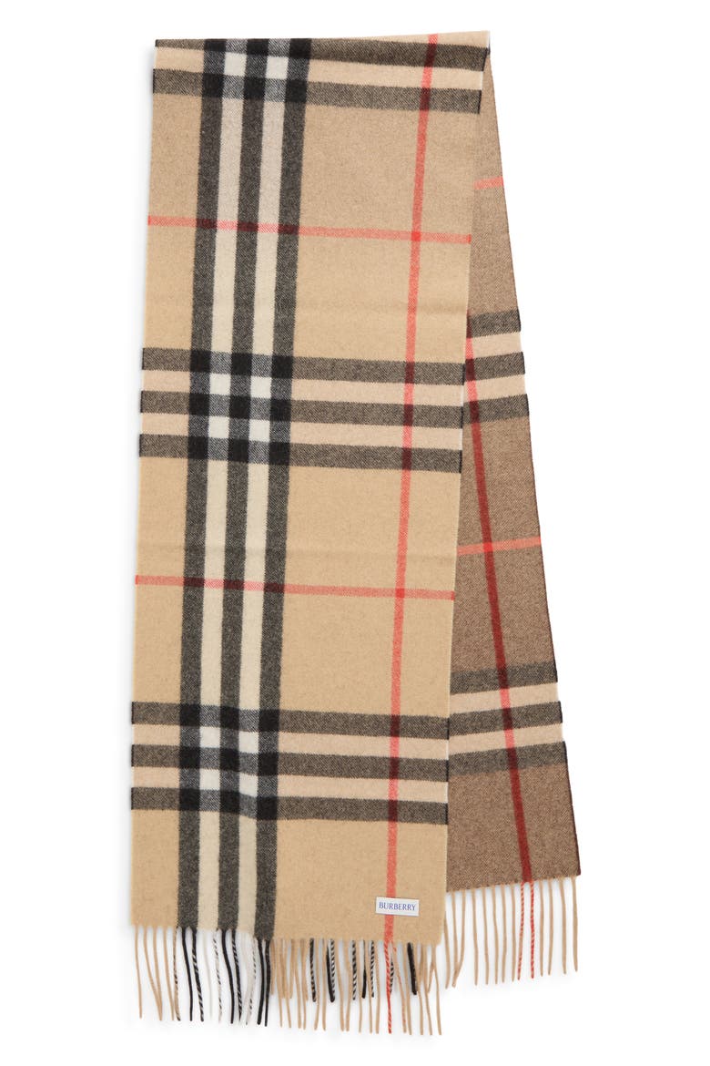 Giant Check Cashmere Fringe Scarf, Main, color, ARCHIVE BEIGE