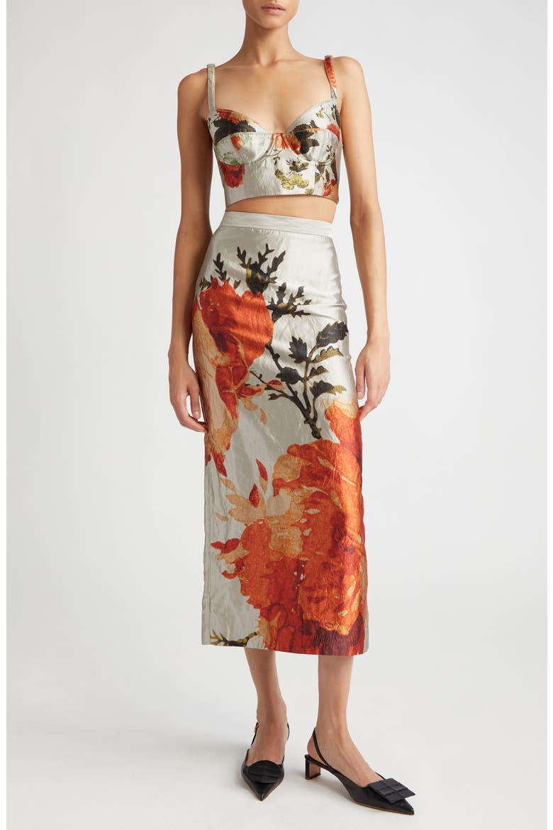 Floral Metallic Textured Satin Midi Skirt, Alternate, color, PEARL