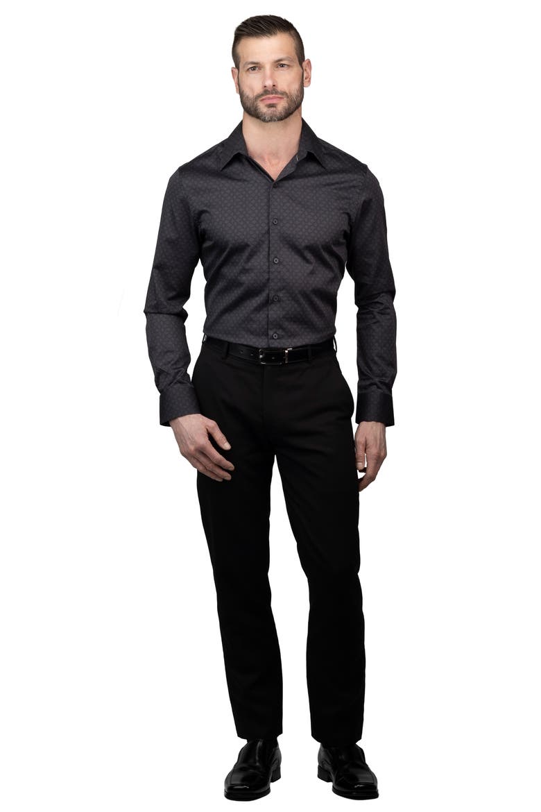 Trim Fit Grid Monogram Cotton Dress Shirt, Alternate, color, BLACK