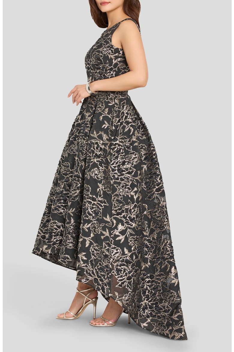 Metallic Floral Jacquard High Low Gown, Alternate, color, BLACK SILVER