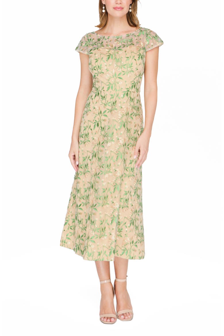 Sulllivan Floral Embroidery Cocktail A-Line Dress, Main, color, MAIZE GREEN