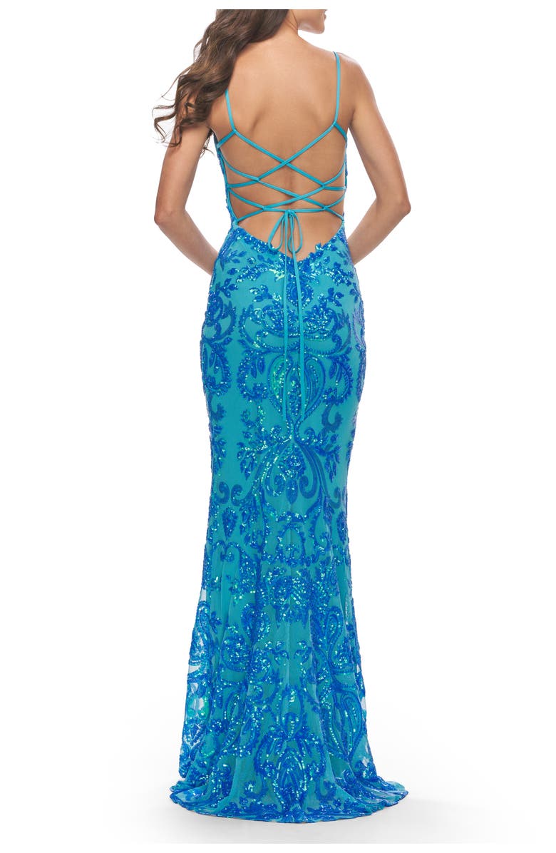 La Femme Print Sequin Gown with Square Neckline, Alternate, color, Aqua
