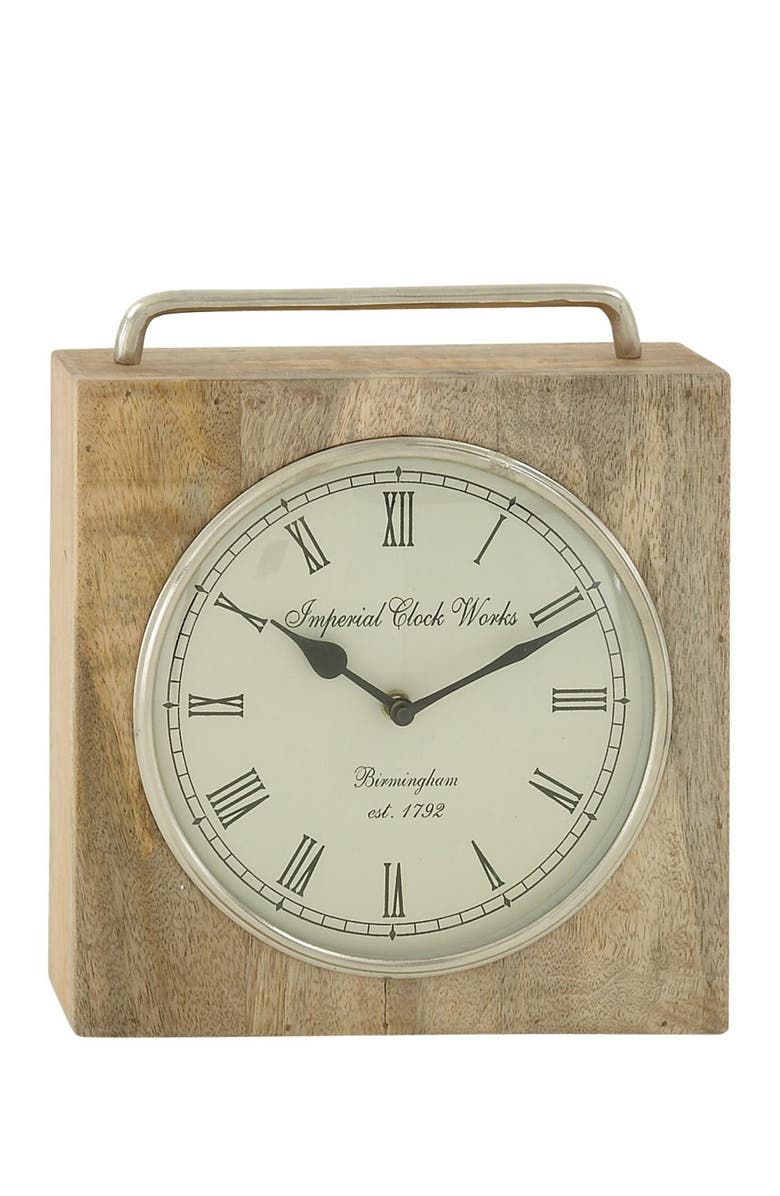 SONOMA SAGE HOME Brown Mango Wood Clock with Silver Top Handle, Main, color, 