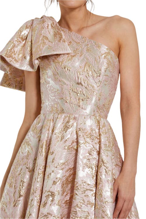 Mac Duggal Floral Brocade One Shoulder High Low Gown With Bow In Pink Multi