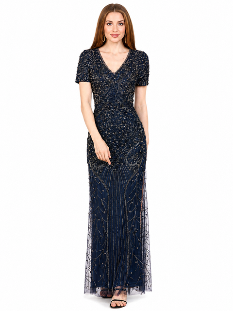 Short Sleeve Sheath Beaded Gown