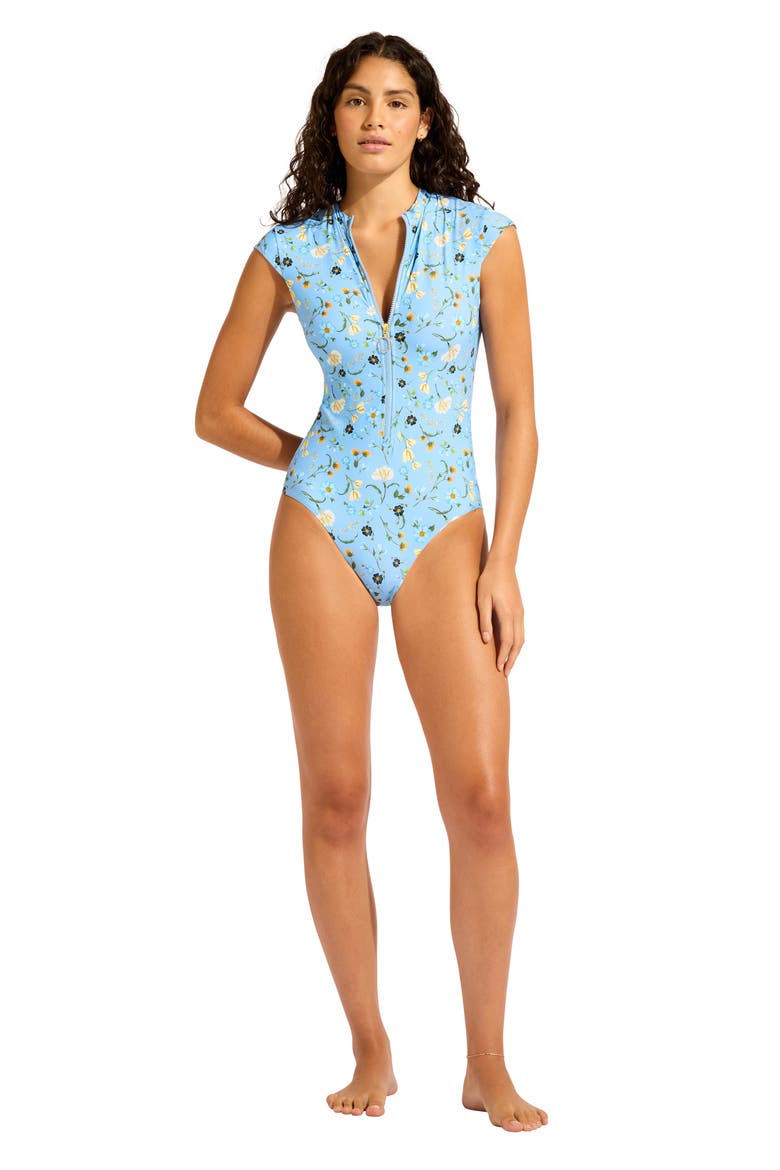 Cap Sleeve Zip-Up One-Piece Swimsuit, Alternate, color, POWDER BLUE