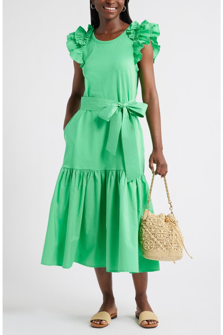 Ruffle Tie Waist Mixed Media Dress, Alternate, color, GREEN CELTIC
