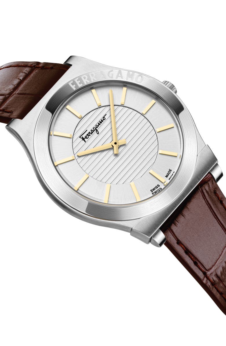 FERRAGAMO Gancini Swiss Quartz Leather Strap Watch, 42mm, Alternate, color, Stainless Steel