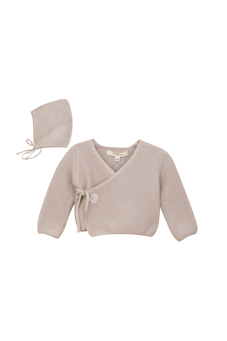 Garter Knit Wrap Cardigan Set with Bonnet, Main, color, Mushroom