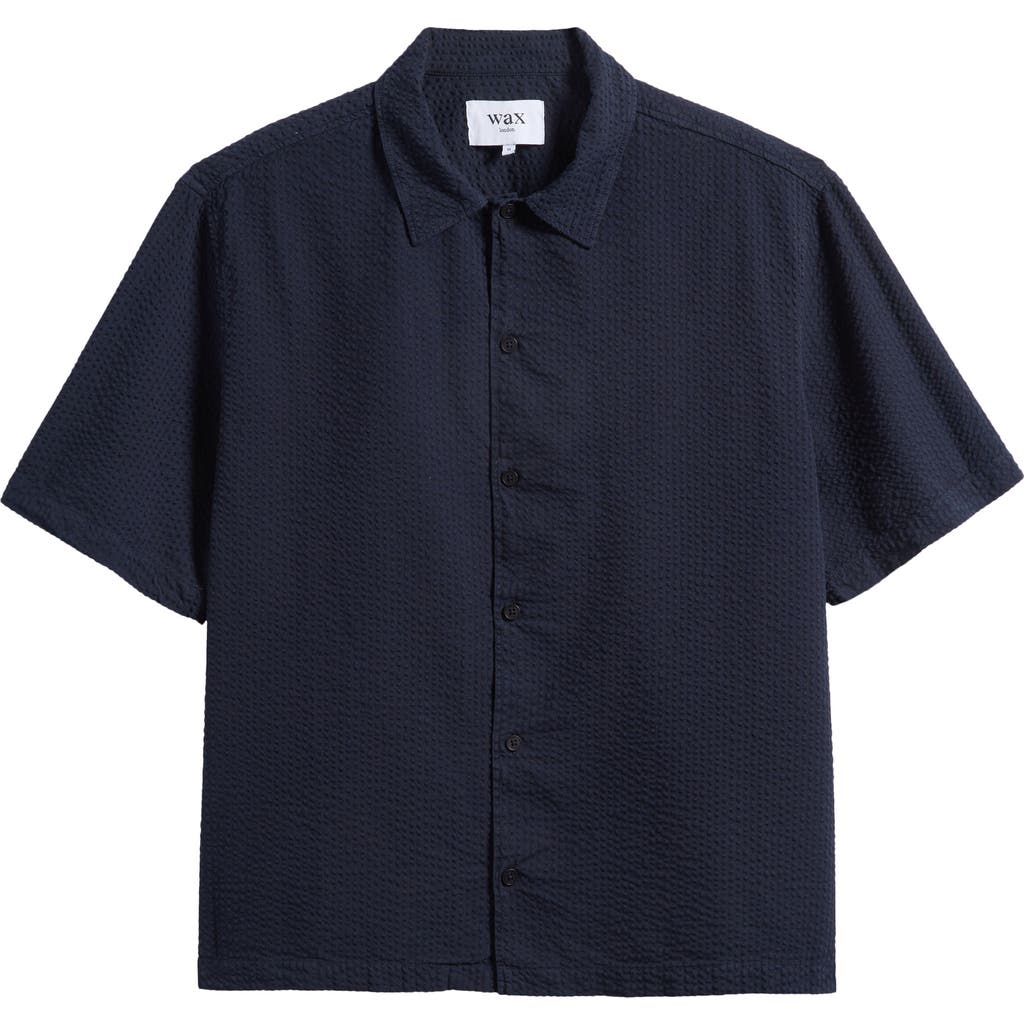 Wax London Keats Short Sleeve Cotton Seersucker Button-up Shirt In Blue