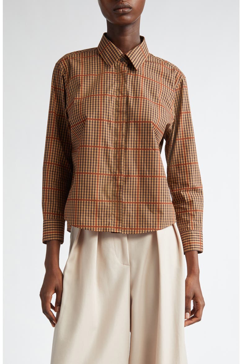 Clavini Check Cotton Poplin Button-Up Shirt, Main, color, RUST