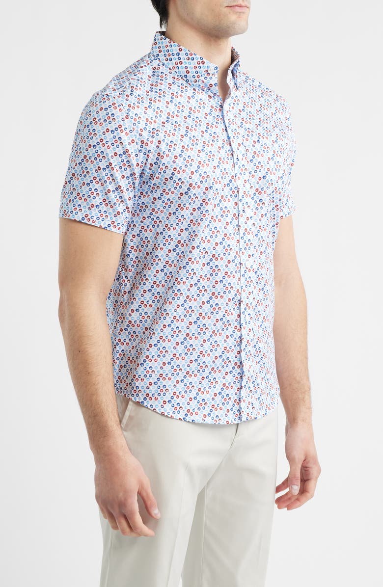 Johnston & Murphy Logan Dot Print Short Sleeve Cotton Blend Button-Up Shirt, Alternate, color, Blue / Red Ocean Icons