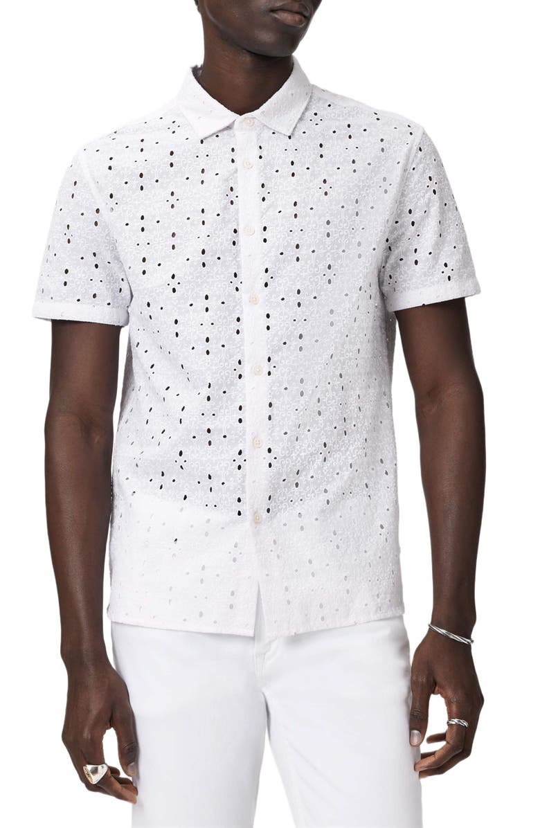 John Varvatos Sean Eyelet Cotton Short Sleeve Button-Up Shirt, Alternate, color, White