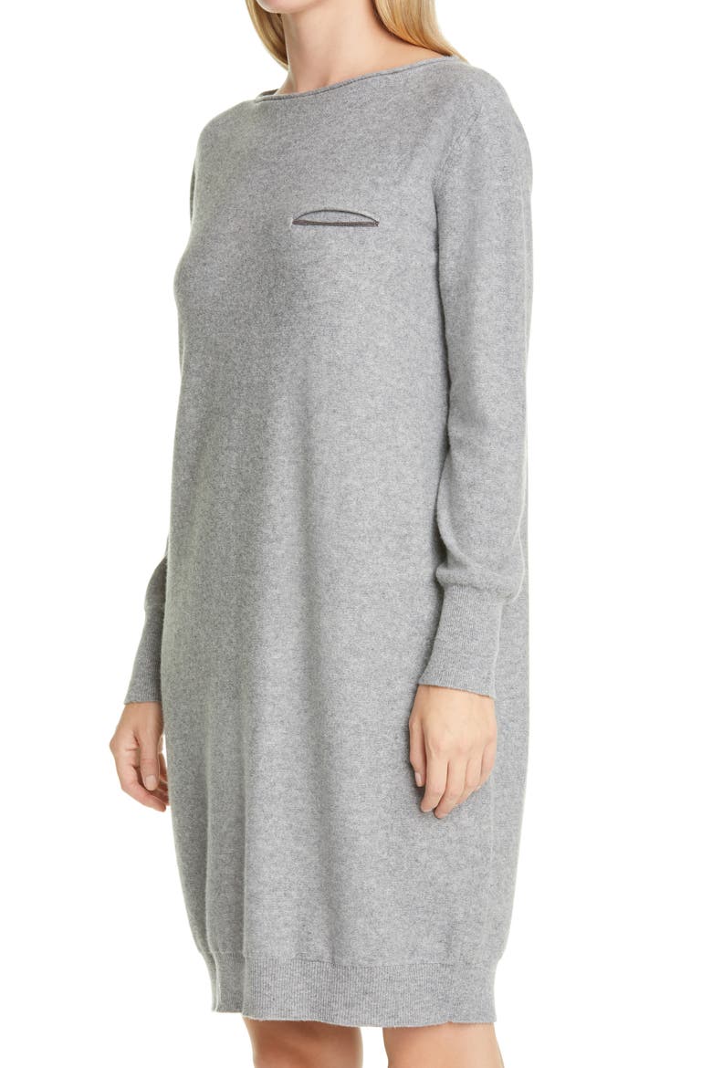 Beaded Pocket Long Sleeve Wool, Silk & Cashmere Sweater Dress, Alternate, color, GREY