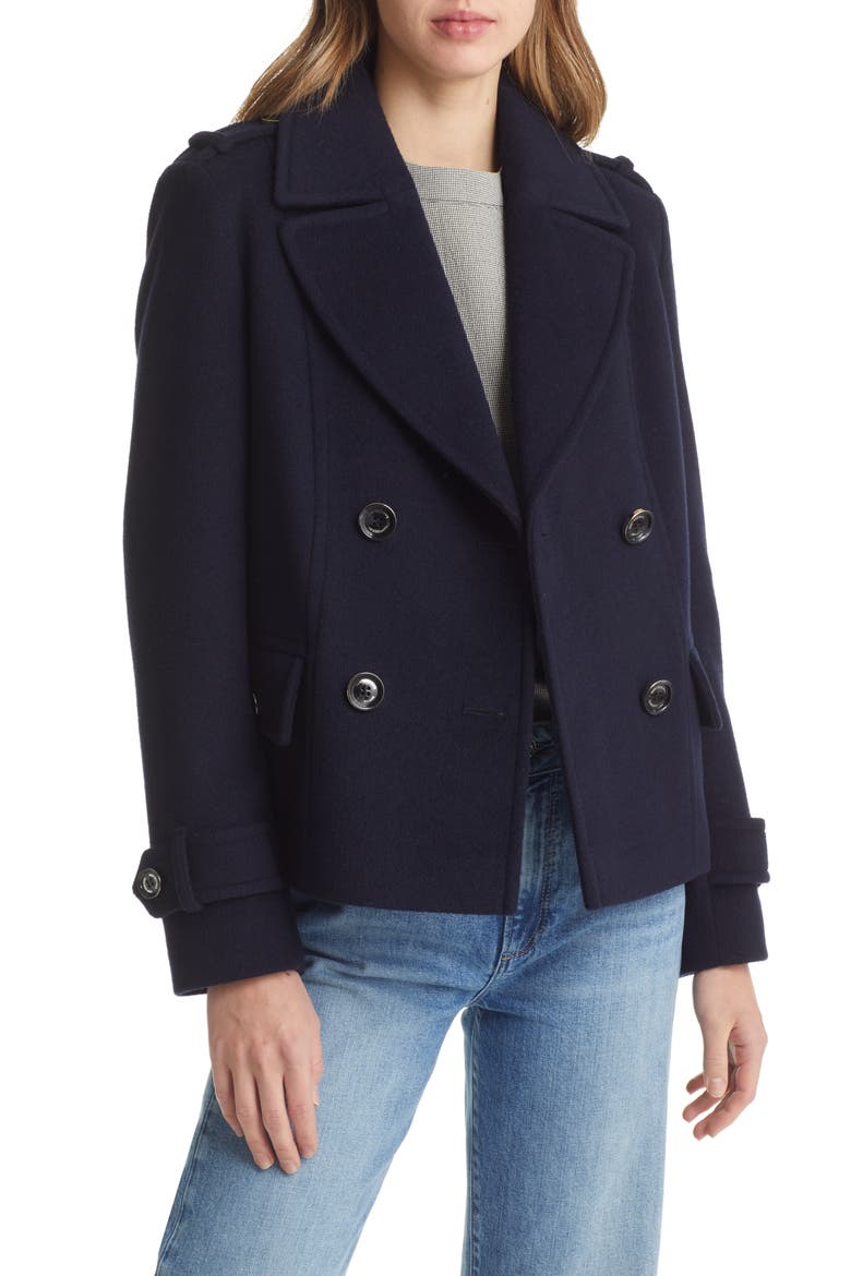Double Breasted Wool Blend Peacoat, Main, color, NAVY
