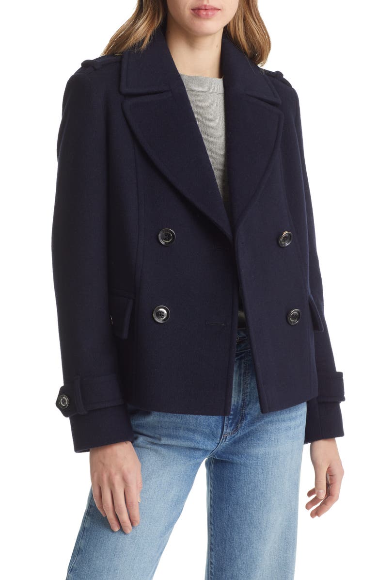Sam Edelman Double Breasted Wool Blend Peacoat, Main, color,