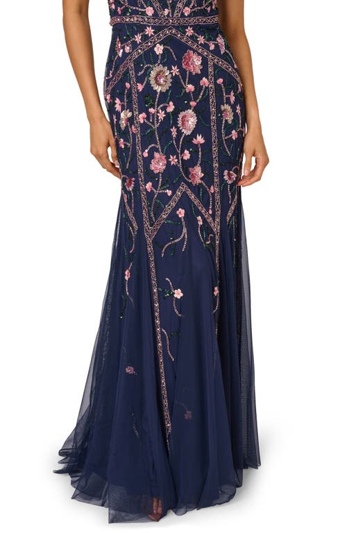Adrianna Papell Beaded Floral Godet Gown In Blue