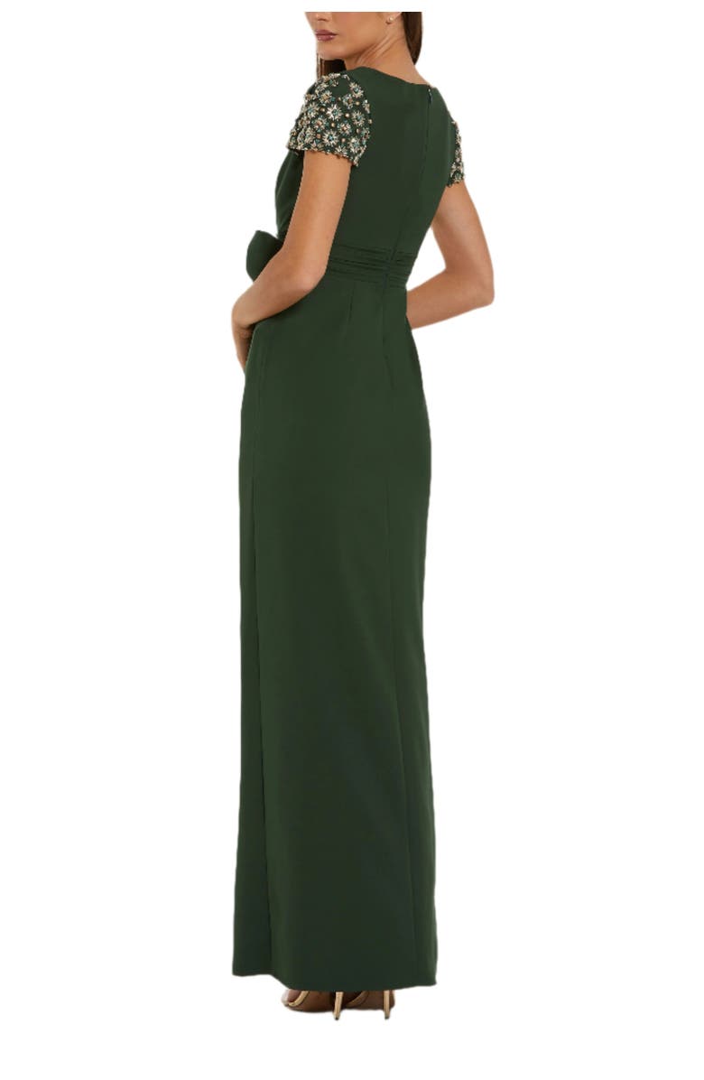 Mac Duggal Women's Beaded Cap Sleeve Crepe Gown With Bow and Slit, Alternate, color, Forest Green