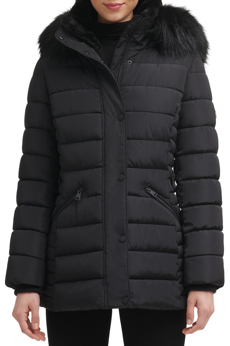 Hooded Puffer Coat with Faux Fur Trim, Main, color, BLACK
