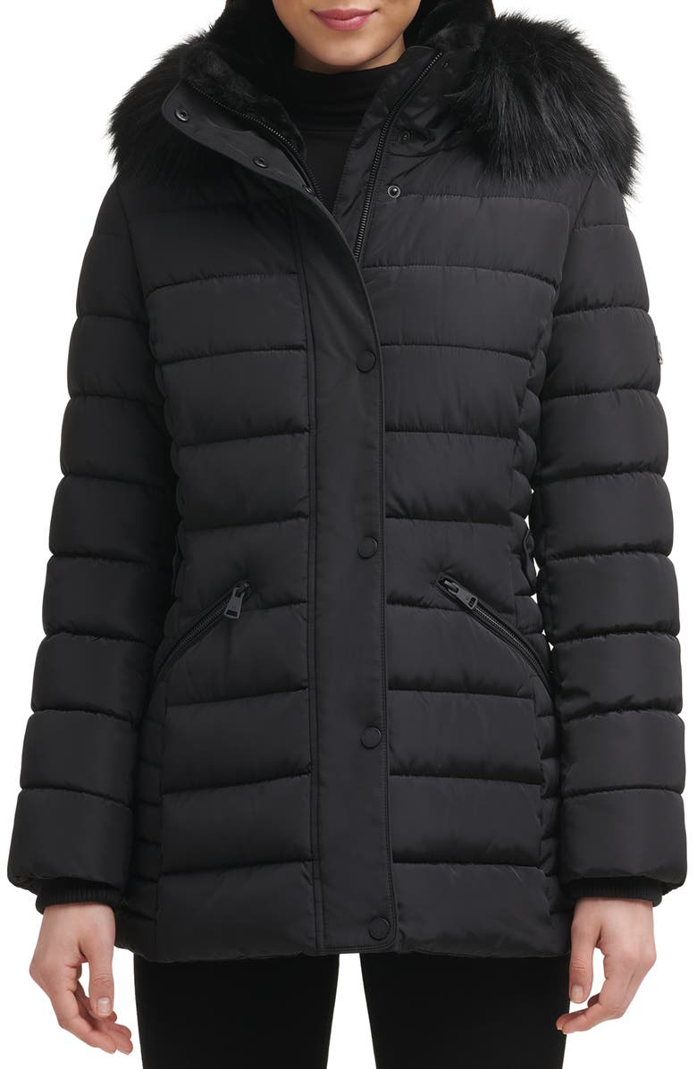 Kenneth Cole New York Hooded Puffer Coat with Faux Fur Trim, Main, color,
