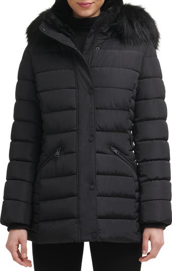 Kenneth Cole Women's Faux Fur Trim Hooded Puffer Coat Black Size Large