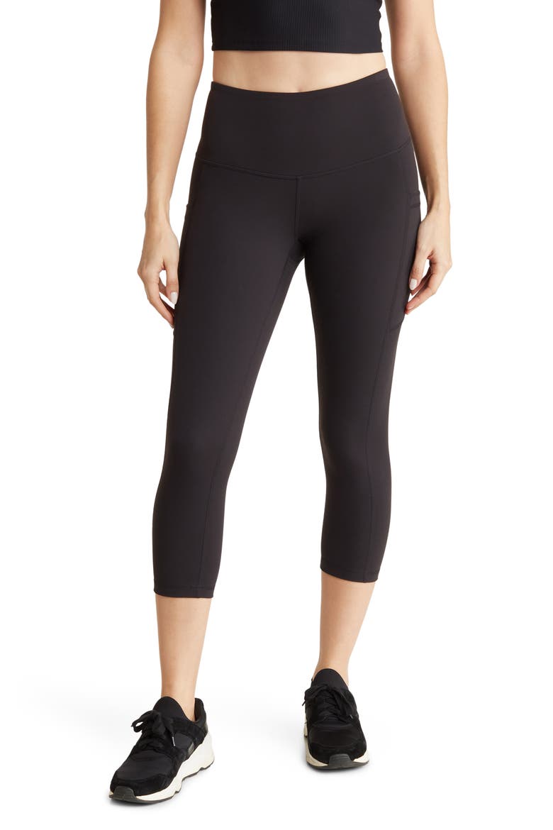 Perform High Waist Pocket Crop Leggings, Main, color, BLACK