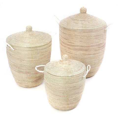 Set of Three Solid White Hampers