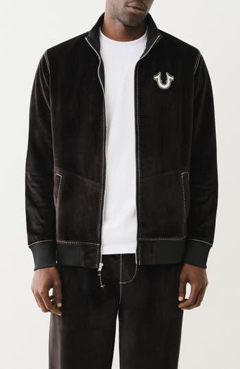 True Religion Big T Mock Neck Zip Bomber Jacket In Jet Black/shiny Nickel