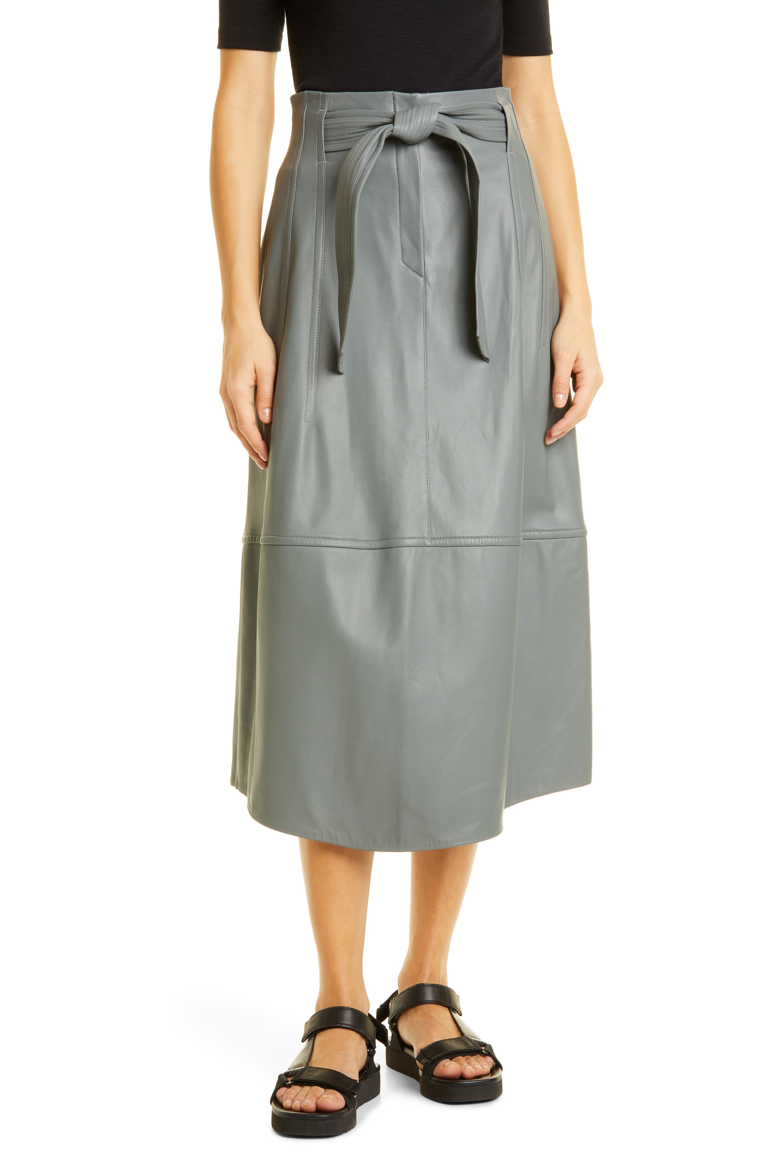 Vince Topstitch Belted Leather Skirt