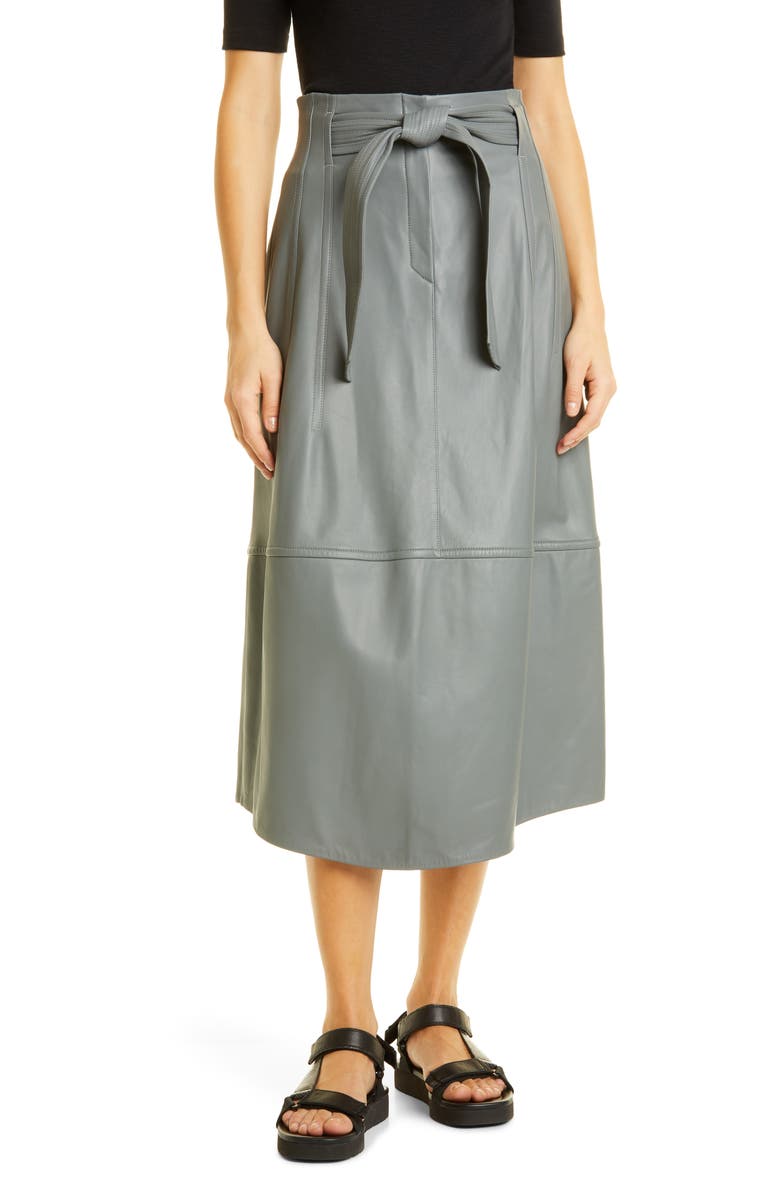 Vince Topstitch Belted Leather Skirt, Main, color, Sea Stone