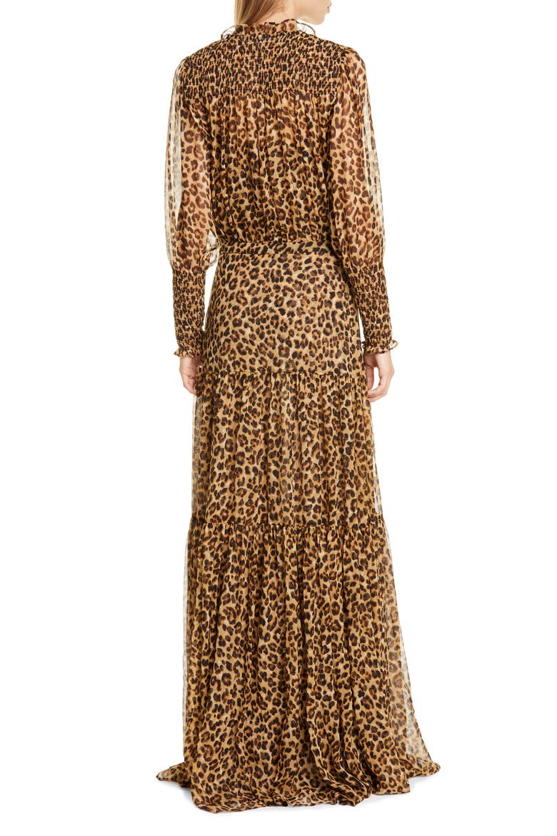 Stacia Long Sleeve Blouson Silk Gown, Alternate, color, LEOPARD
