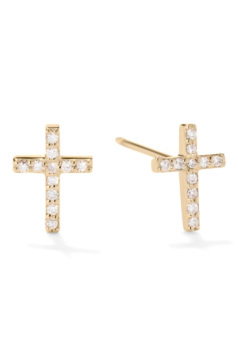 14K Gold Mini Cross Diamond Stud Earrings, Main, color, YELLOW