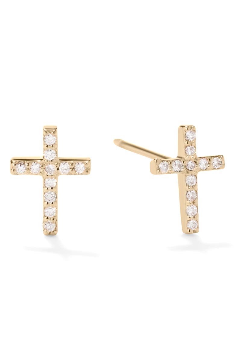 LANA 14K Gold Mini Cross Diamond Stud Earrings, Main, color, Yellow