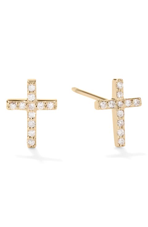 14K Gold Mini Cross Diamond Stud Earrings