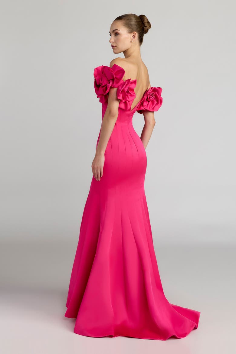 Satin Off The Shoulder Floral Detail Trumpet Gown, Alternate, color, Hot Pink