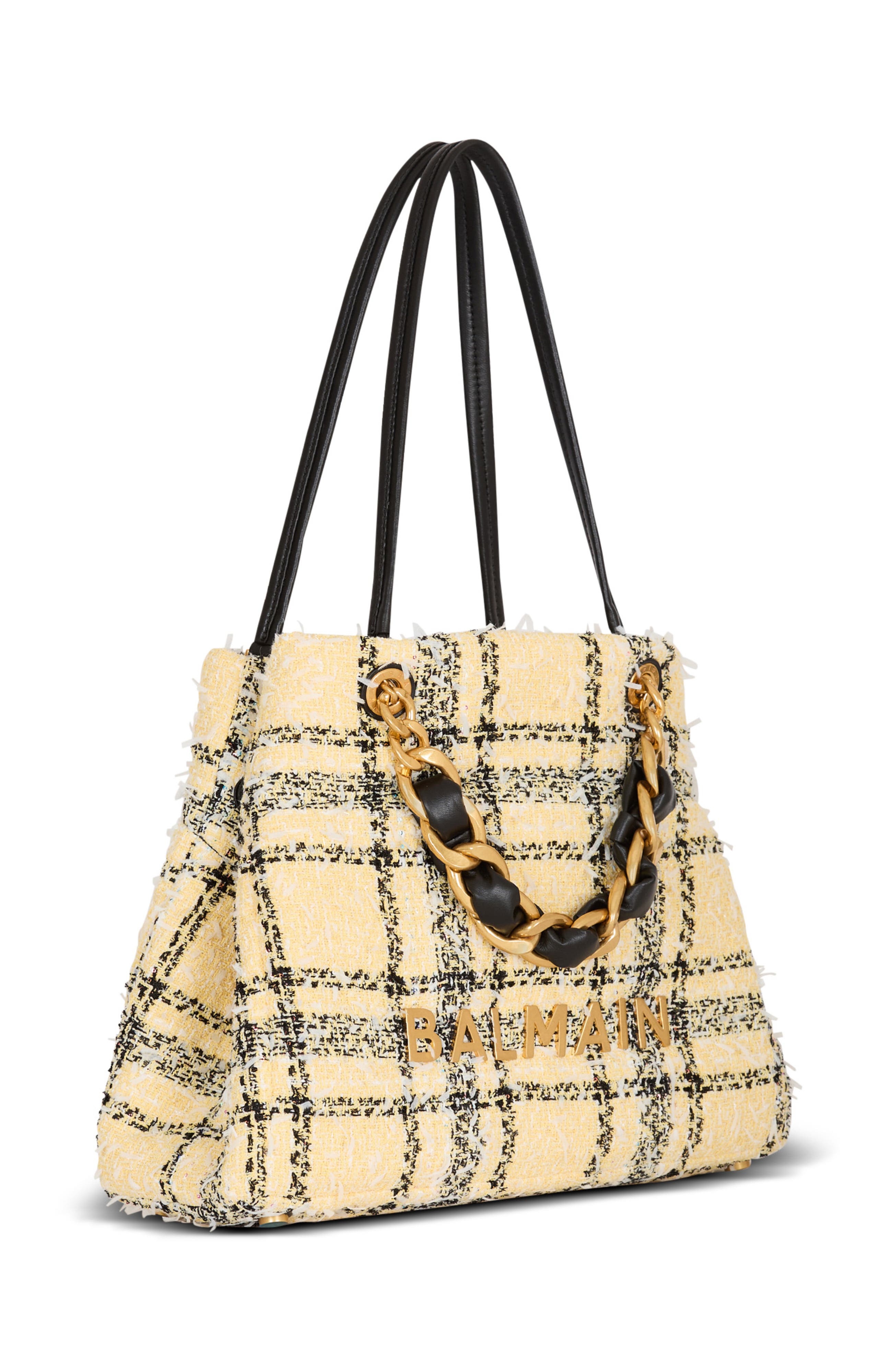 Balmain Plaid tweed 1945 tote bag, Alternate, color, Yellow