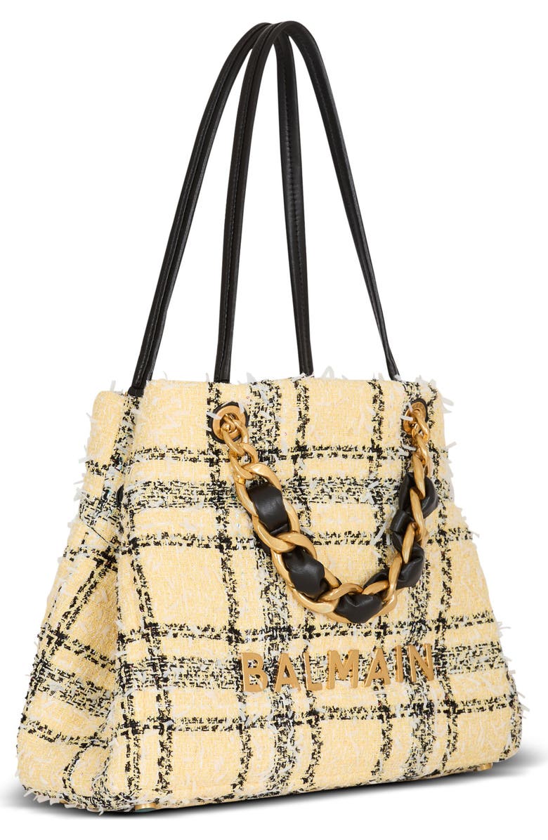 Balmain Plaid tweed 1945 tote bag, Alternate, color, Yellow