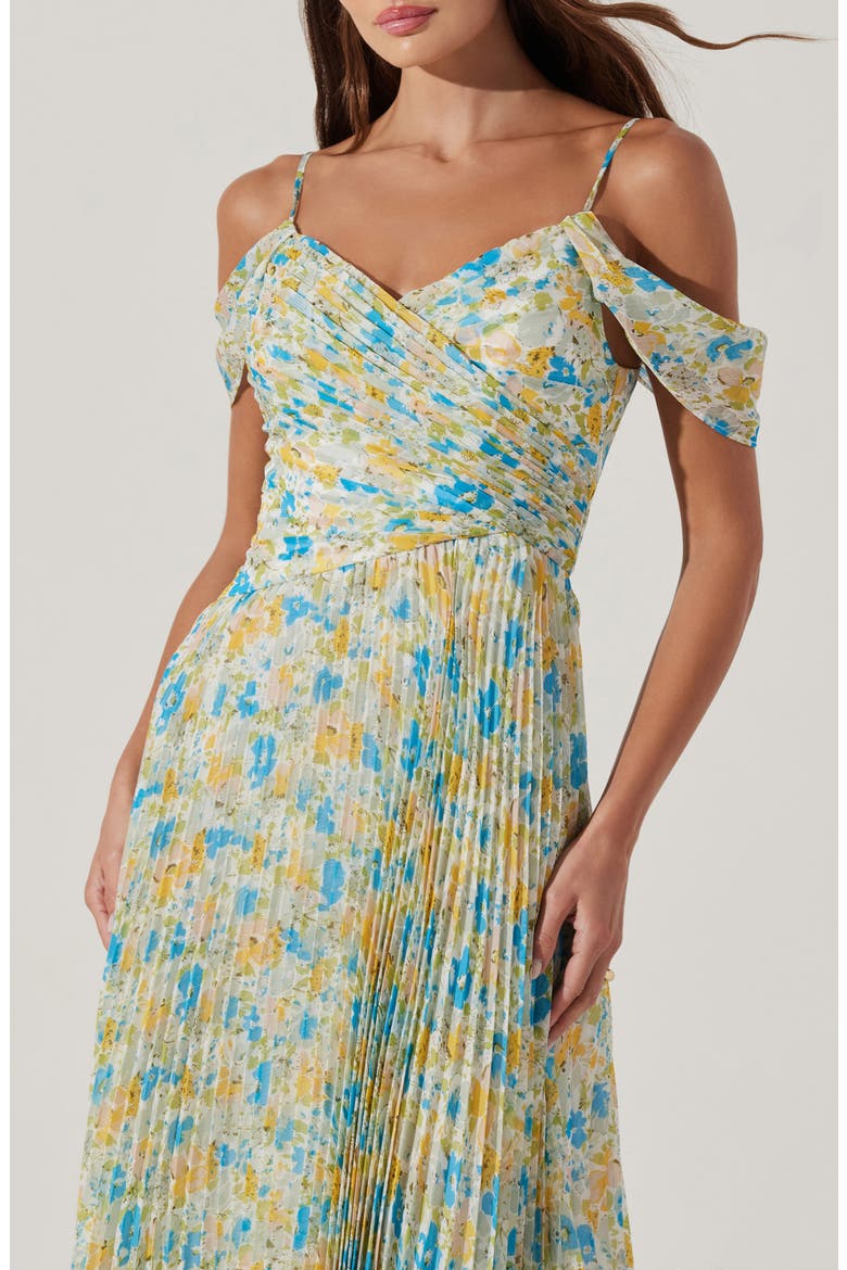 Floral Pleated Cold Shoulder Midi Dress, Alternate, color, BLUE YELLOW FLORAL