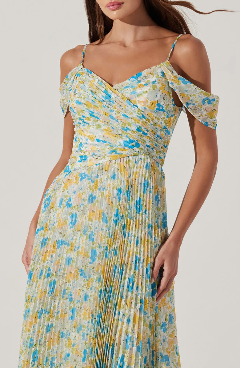 ASTR the Label Floral Pleated Cold Shoulder Midi Dress, Alternate, color, Blue Yellow Floral