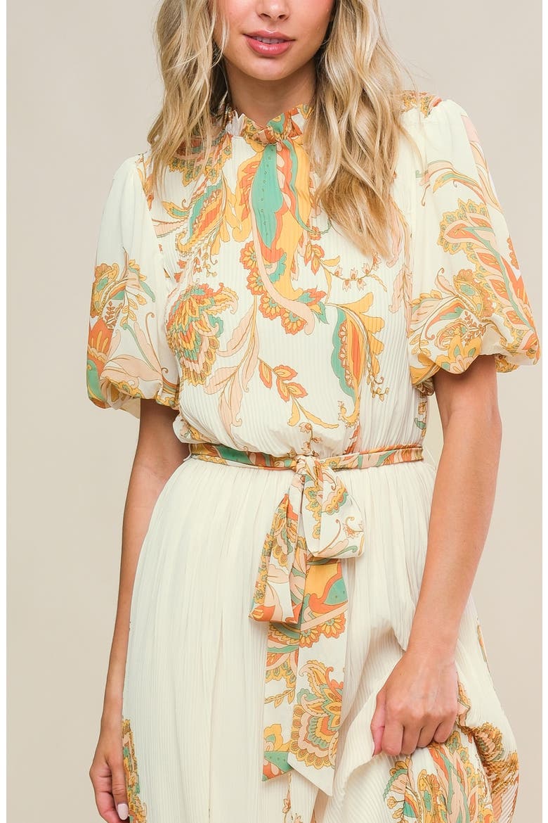 Paisley Puff Sleeve Plissé Midi Dress, Alternate, color, IVORY