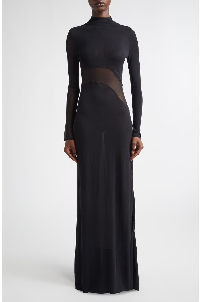 Mesh Inset Long Sleeve Jersey Dress, Main, color, NOIR ALAIA